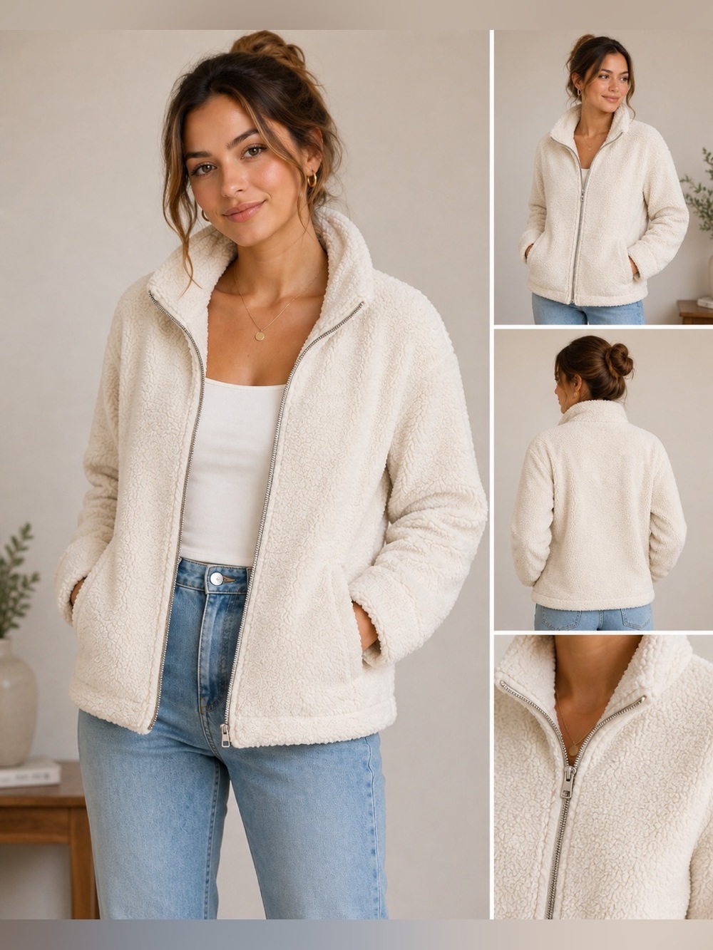 Abercrombie & Fitch Sherpa Fleece Jacket Womens Large L Cream Zip Cozy